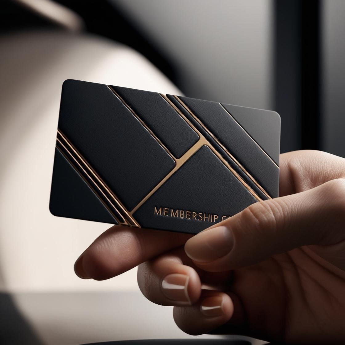 A close-up shot of a hand holding a sleek, modern membership card with embossed details.